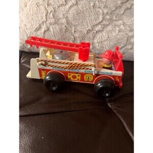 Vintage 1968 Fisher Price Little People Fire Truck Engine 720 Wood Toy w/ Bell
